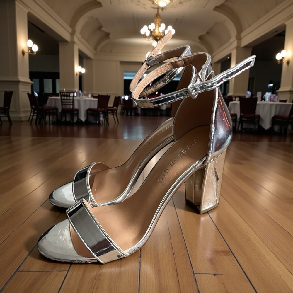 Madden Girl Beella Womens 6.5 Silver Block Heels - 3" Heels New In Box